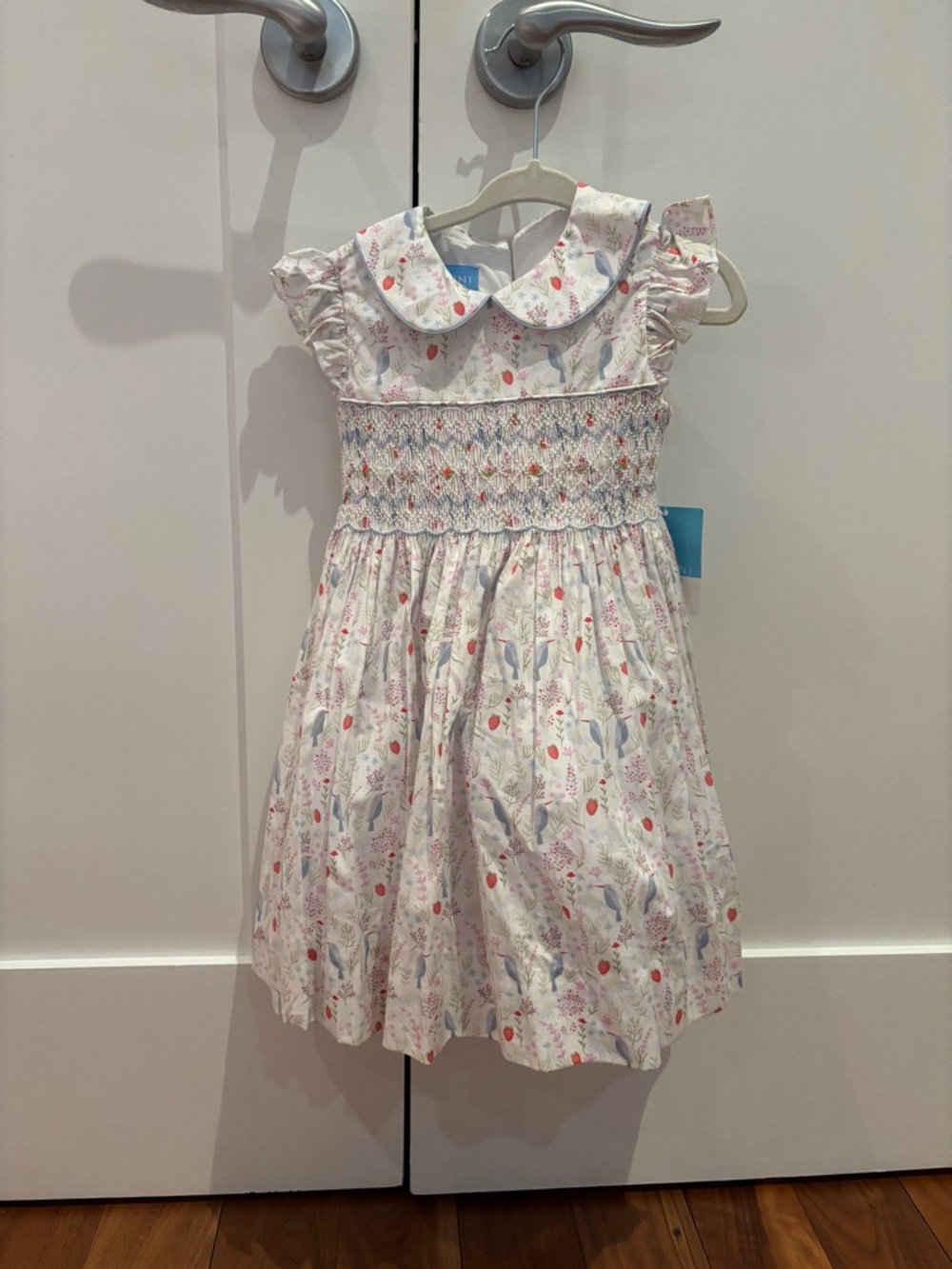 White Floral Smocked Girls' Dress with Peter Pan Collar